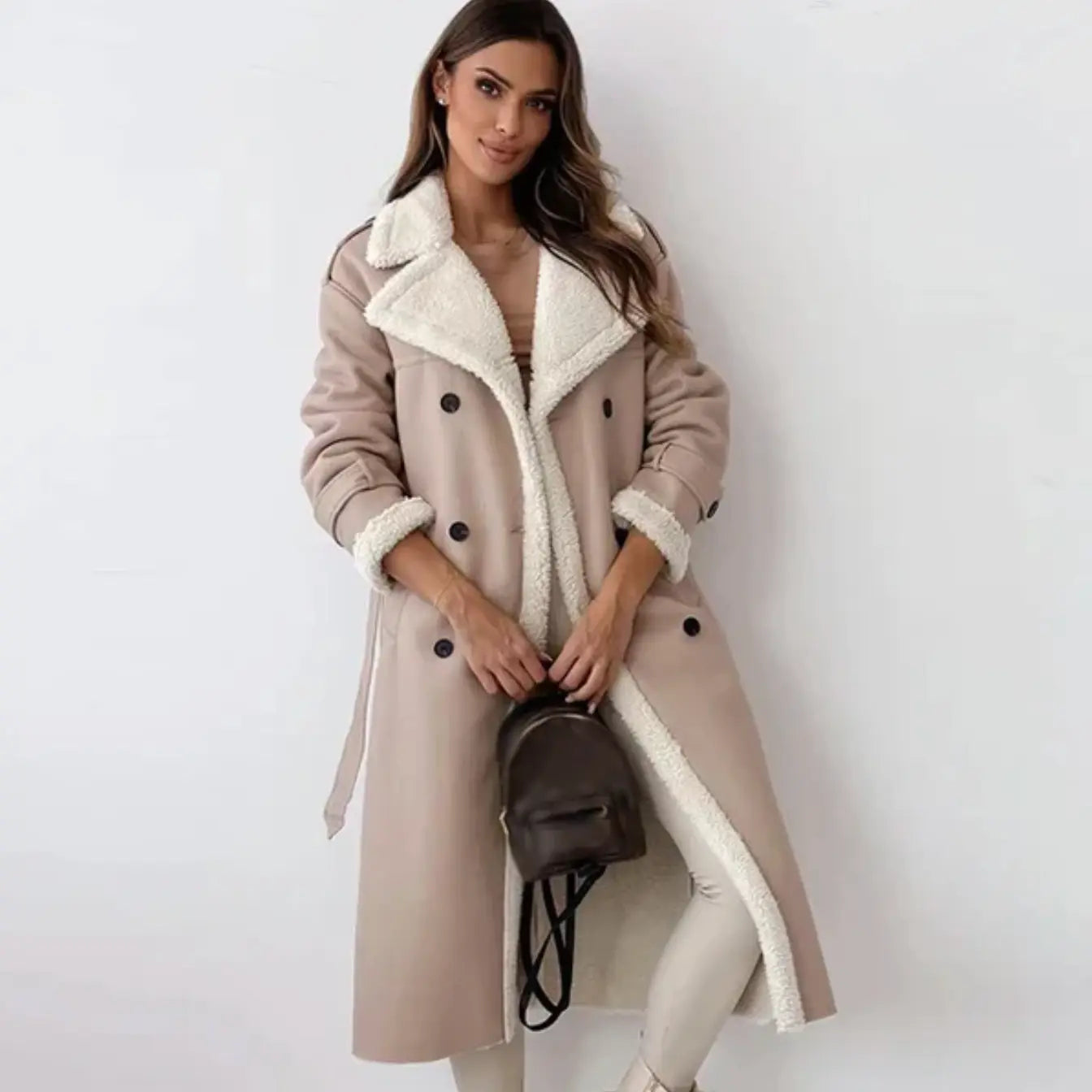 Women's fleece-lined teddy-collar jacket, light beige with cream sherpa trim and button front