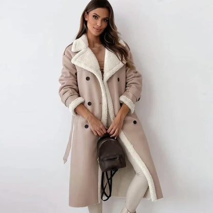 Women's fleece-lined teddy-collar jacket, light beige with cream sherpa trim and button front
