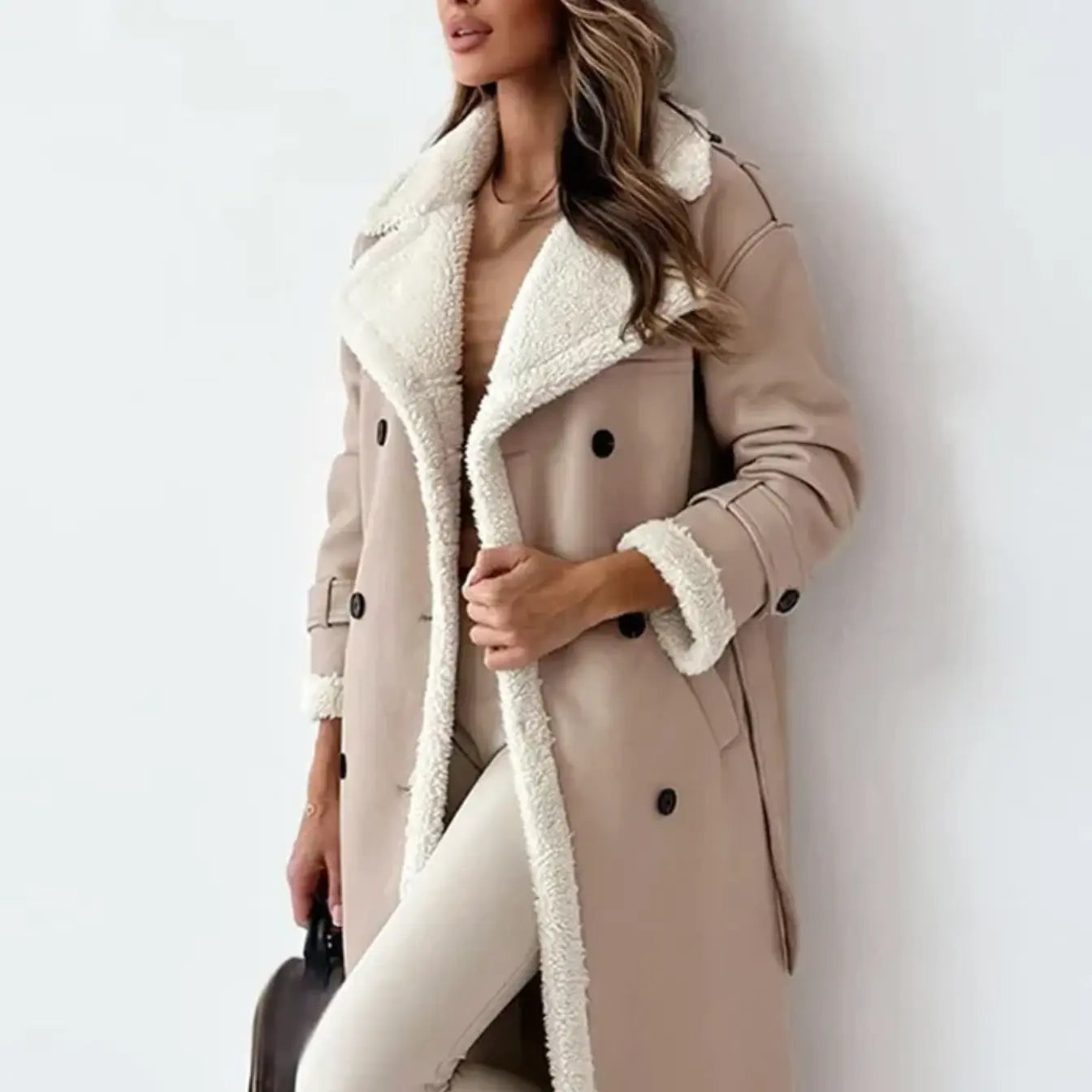 Women's fleece-lined teddy-collar jacket, tan with cream sherpa collar and patch pockets