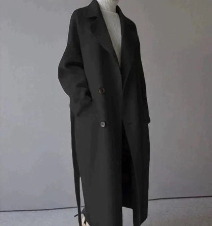 Black long wool coat with notched lapels, button front, and long sleeves