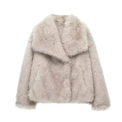 Beige faux fur jacket with notched lapels and front closure