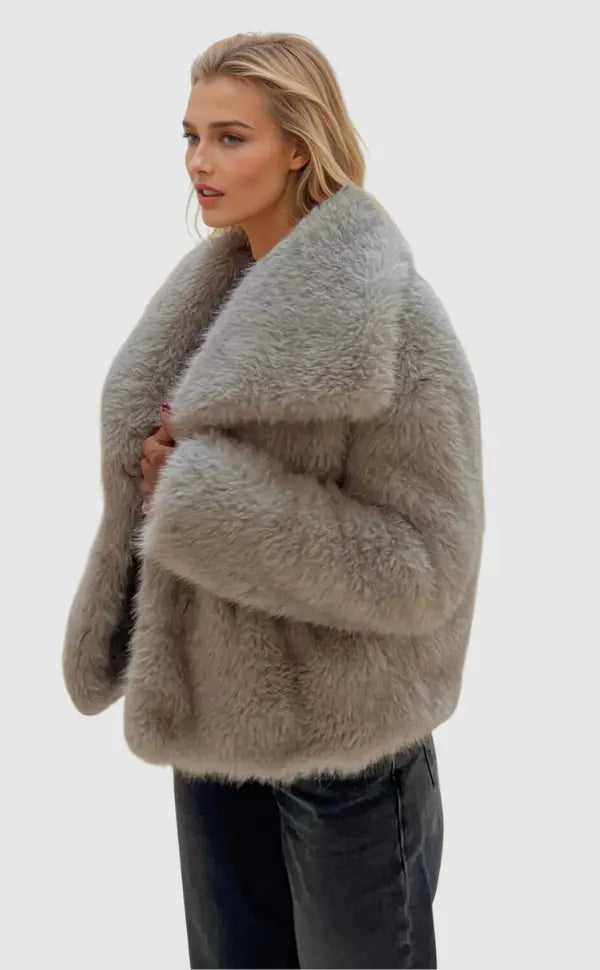 Light gray faux fur jacket with relaxed fit and front closure