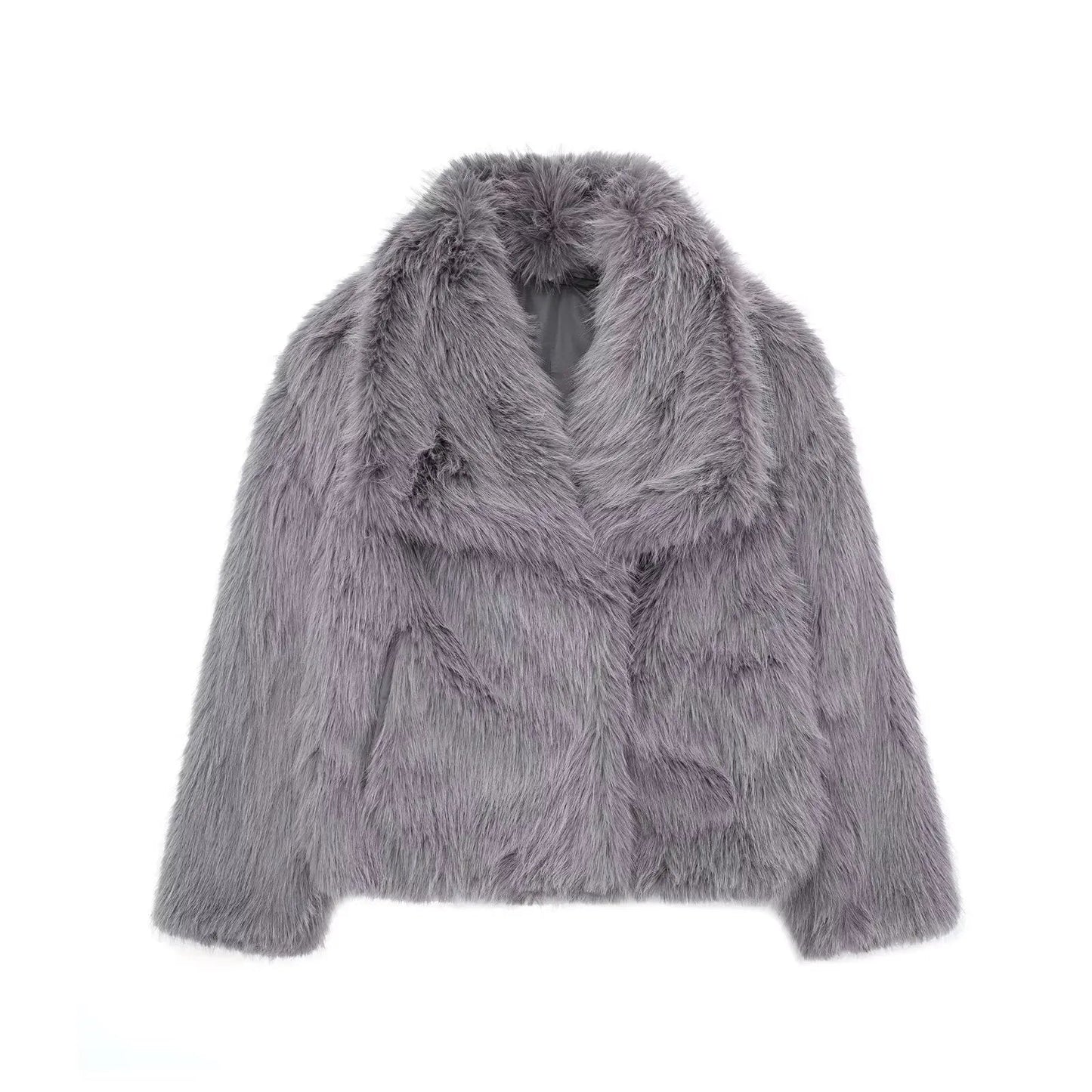 Women's faux fur jacket, shaggy grey with shawl-style collar and long sleeves