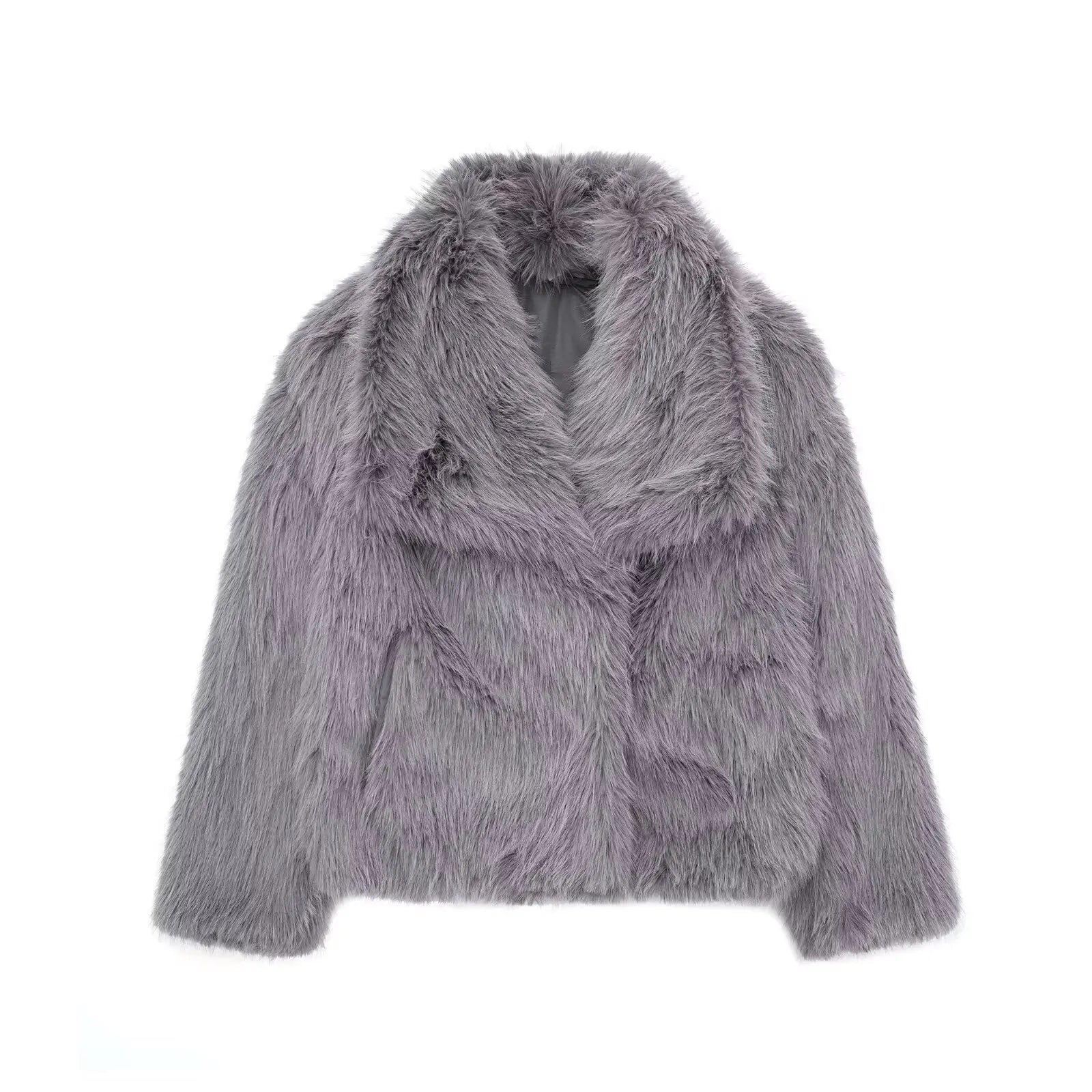 Women's faux fur jacket, shaggy grey with shawl-style collar and long sleeves