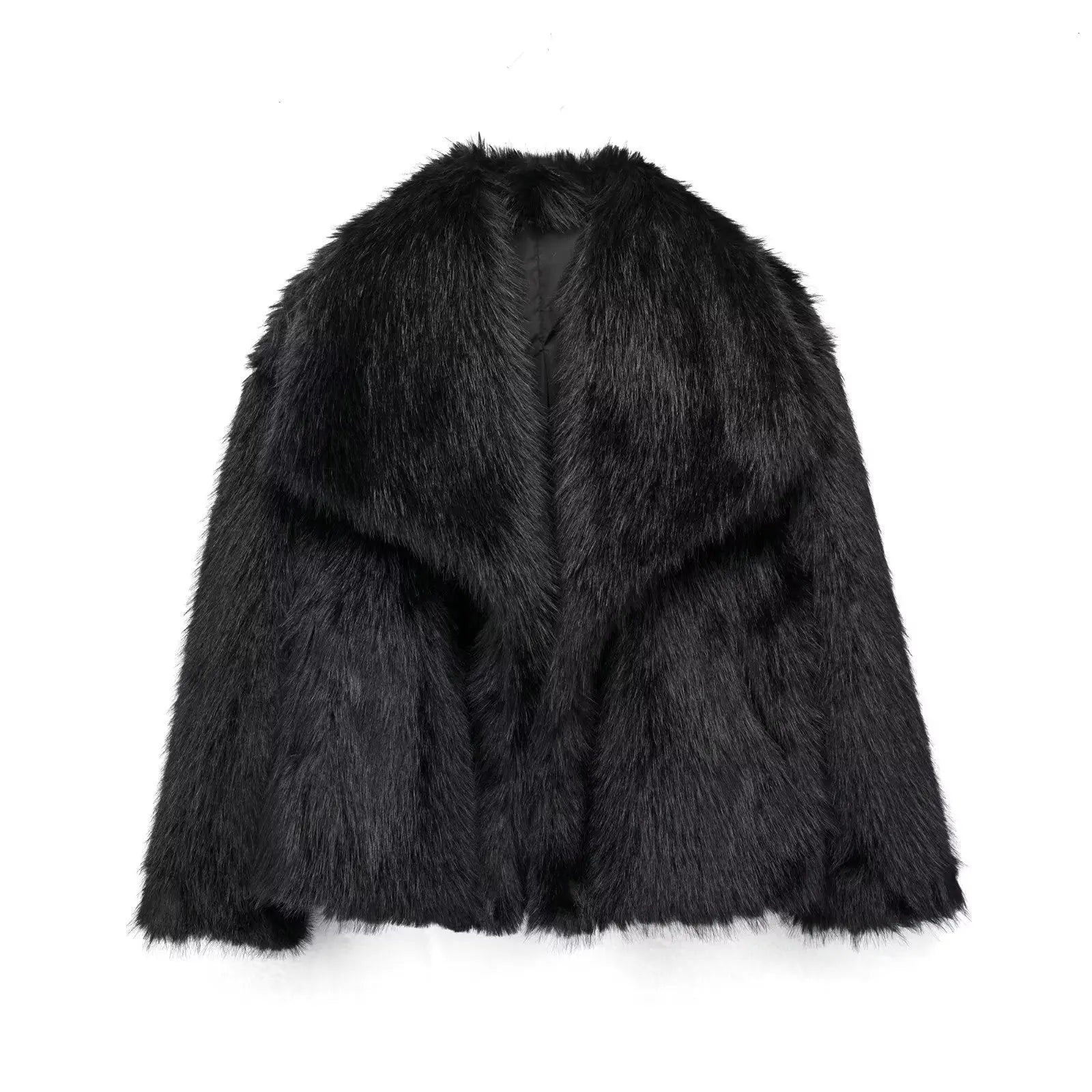 Women's faux fur jacket, shaggy black with shawl-style collar and long sleeves