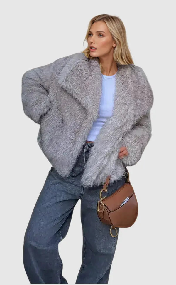Gray faux fur jacket with open front and long sleeves