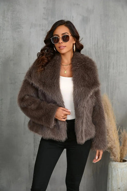 Dark brown faux fur jacket with wide collar and front closure