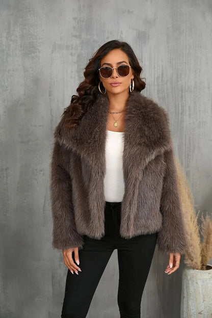 Dark brown faux fur jacket with open front and long sleeves