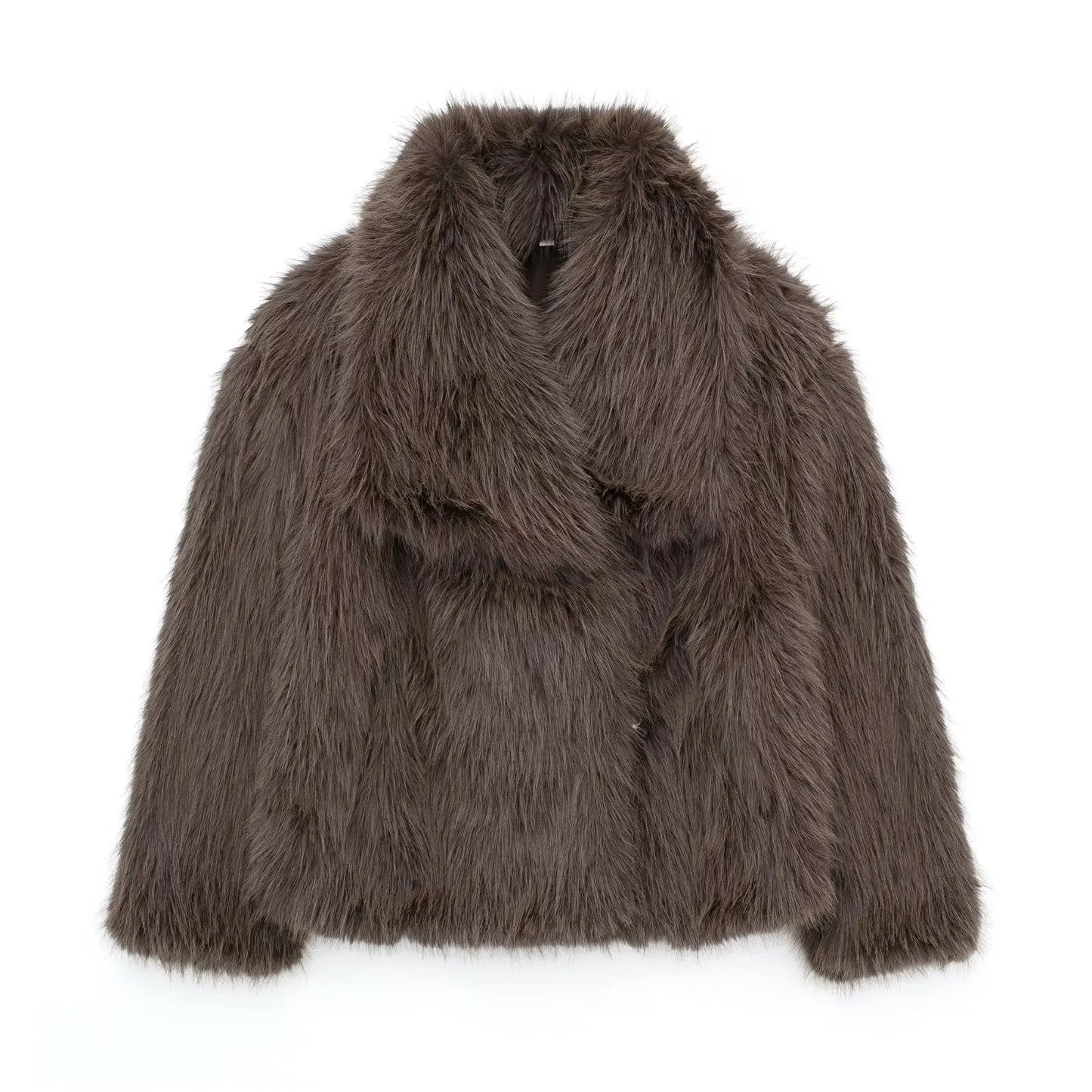 Brown faux fur jacket with notched lapels and front closure