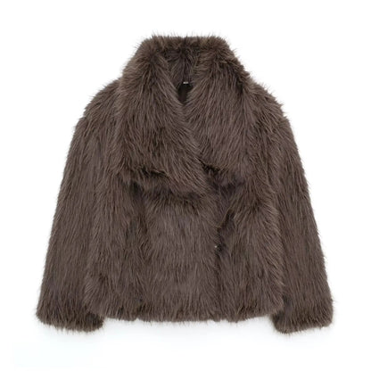 Brown faux fur jacket with notched lapels and front closure