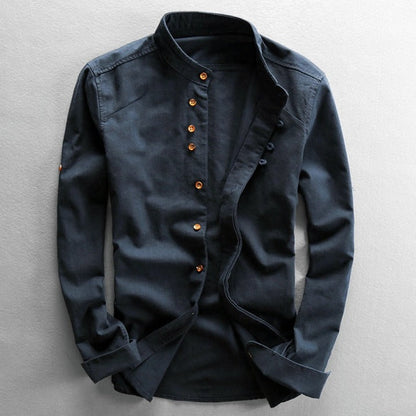 Dark blue Japanese-style stand-collar shirt with long sleeves and button front placket