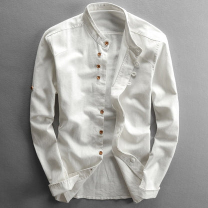 White Japanese-style stand-collar shirt with long sleeves and button front placket
