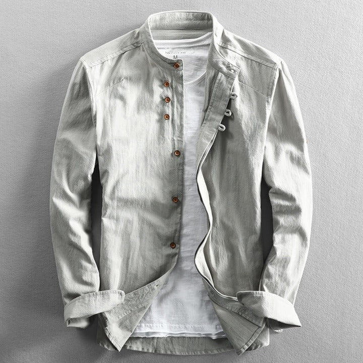 Light grey Japanese-style stand-collar shirt with long sleeves and button front placket