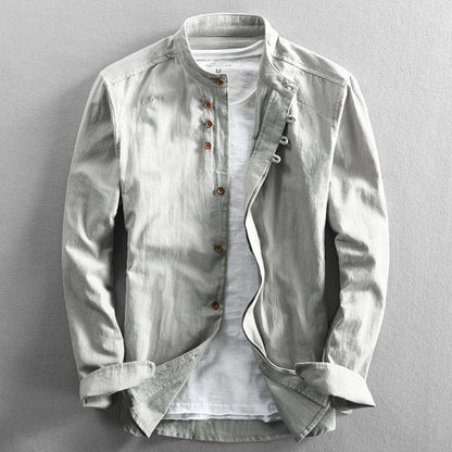 Light grey Japanese-style stand-collar shirt with long sleeves and button front placket