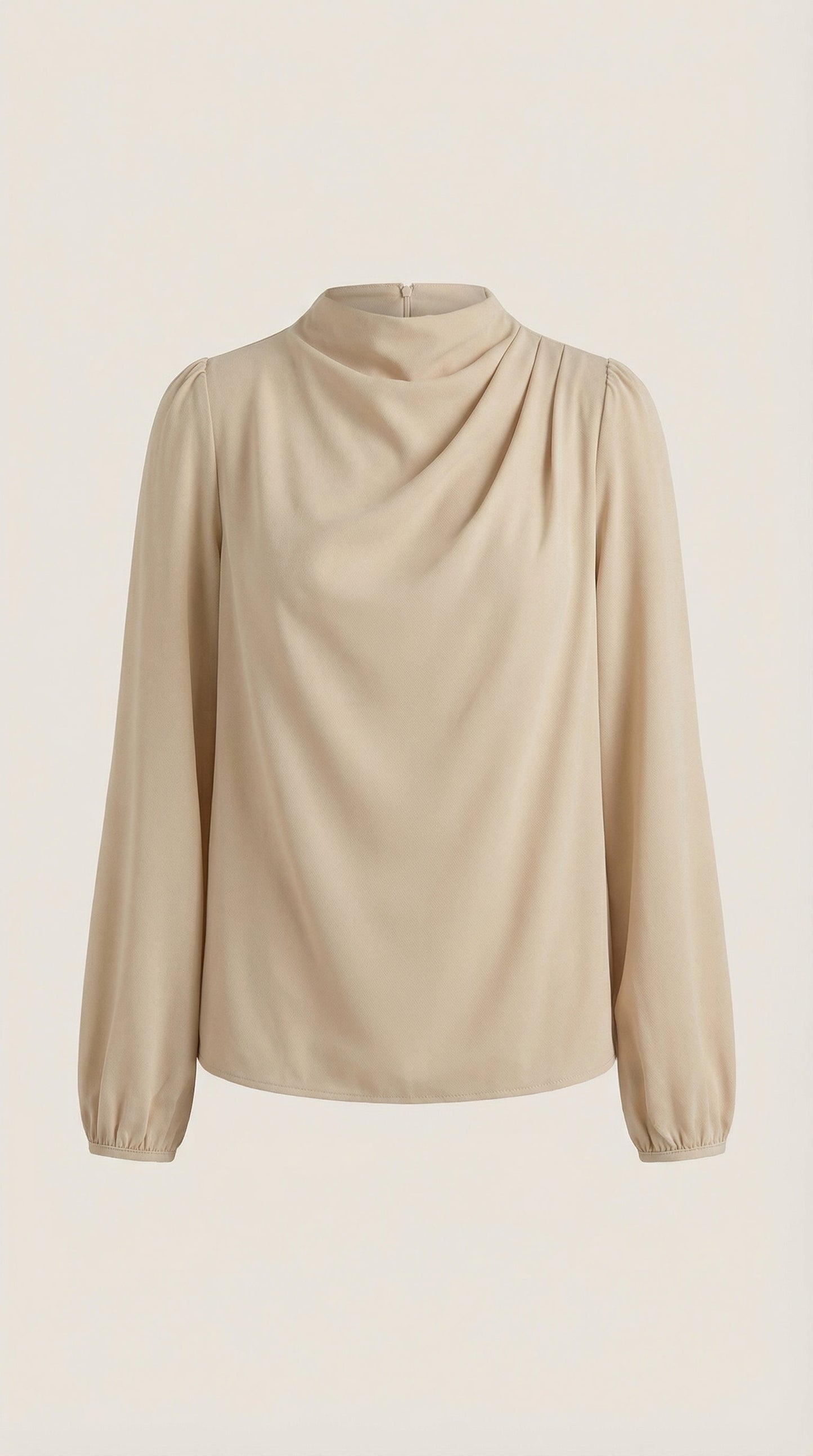 Draped long sleeve blouse in beige satin with cowl neckline and long sleeves