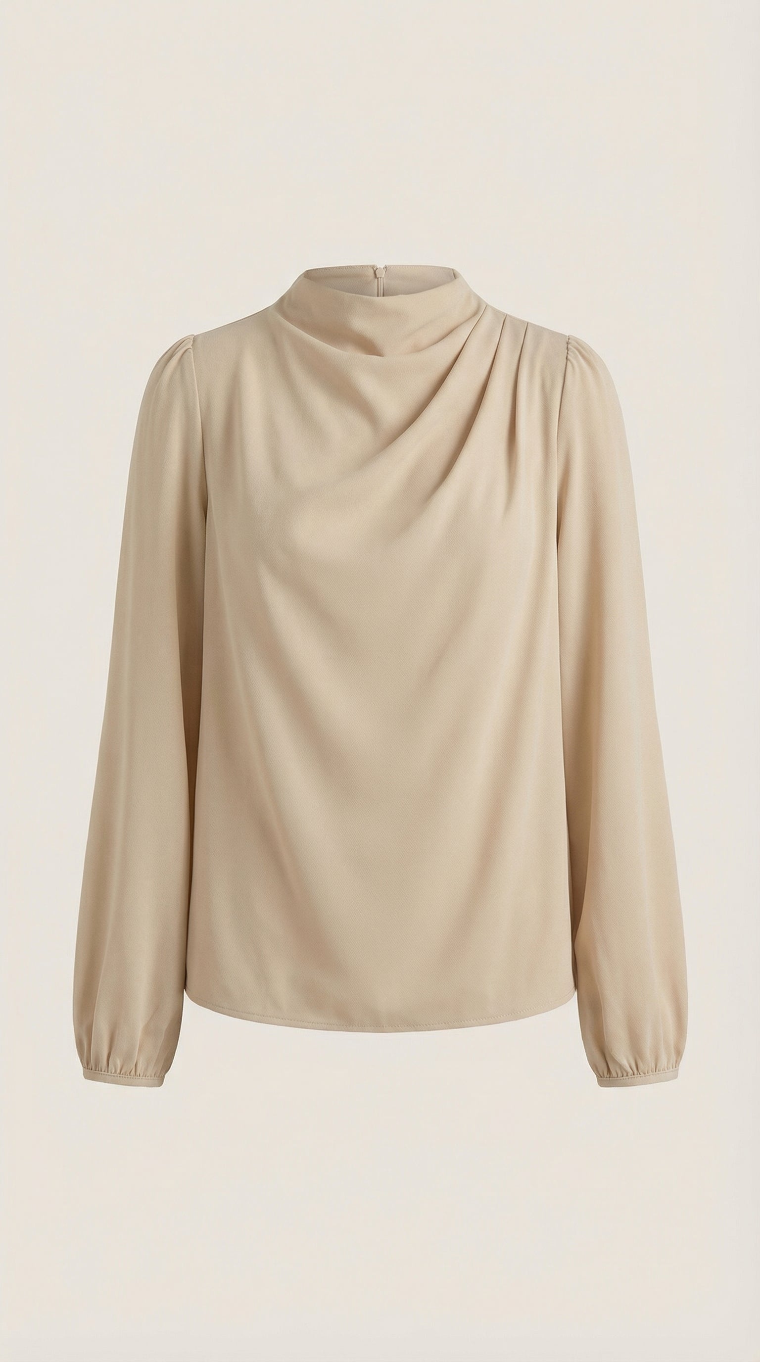 Draped long sleeve blouse in beige satin with cowl neckline and long sleeves