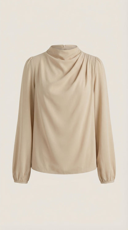 Draped long sleeve blouse in beige satin with cowl neckline and long sleeves