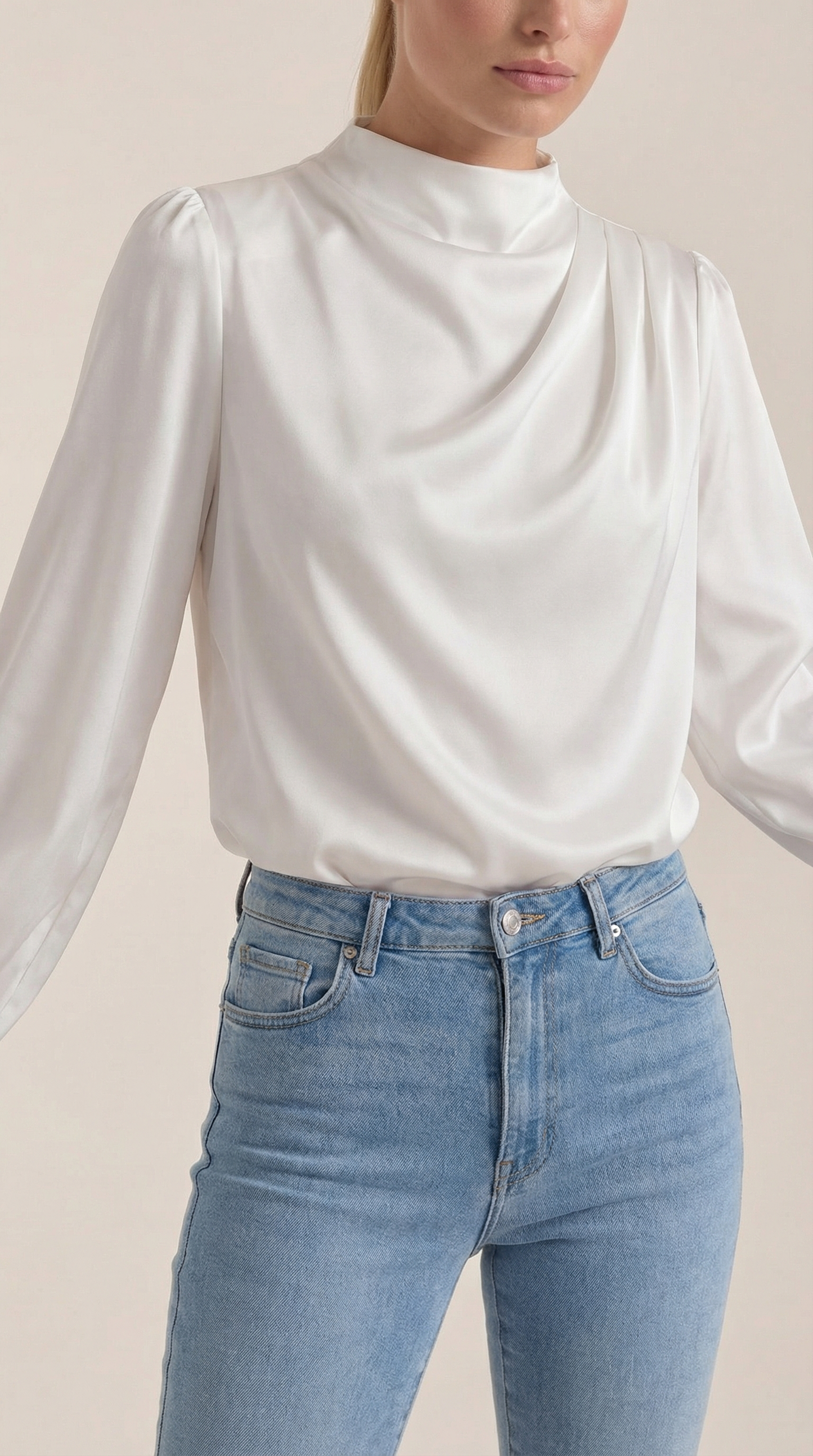 White draped long-sleeve blouse with cowl neck and draped front