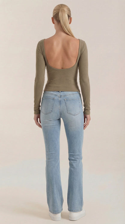 Olive scoop-neck long-sleeve top shown from the back