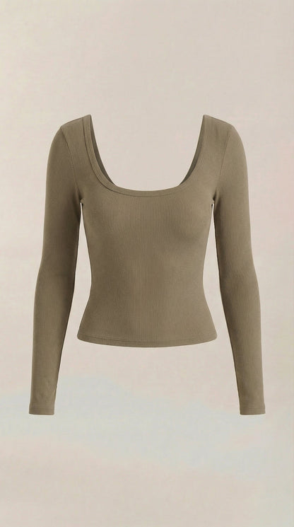 Olive scoop-neck long-sleeve top, flat lay front view