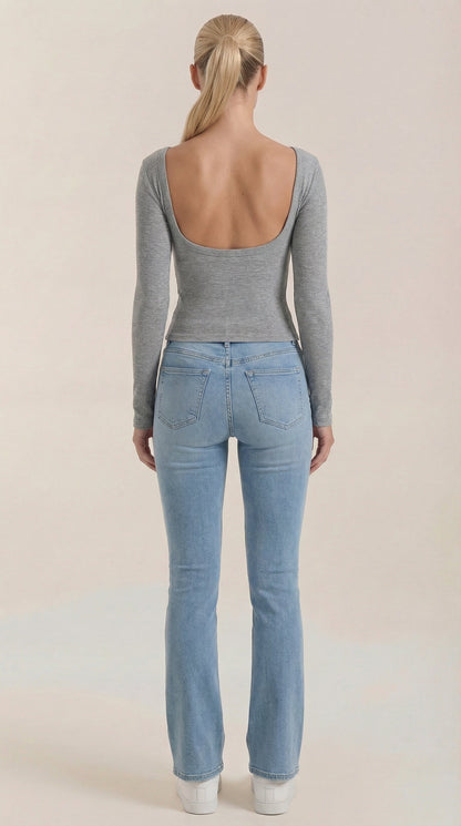 Light gray scoop-neck long-sleeve top shown from the back