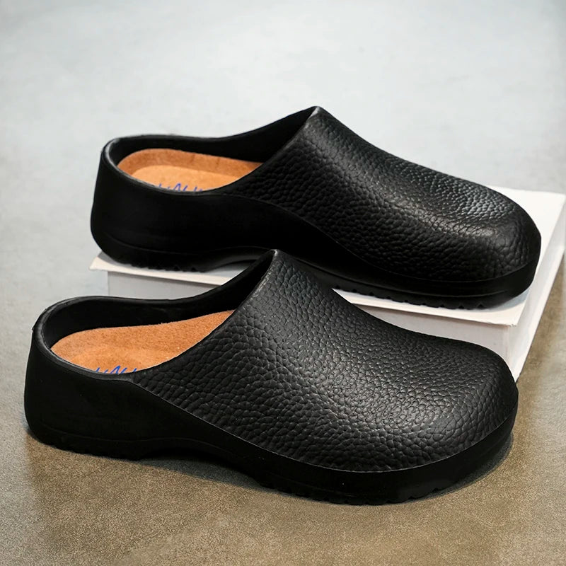 Black textured slip-on clogs with open back and molded footbed, non-slip outsole