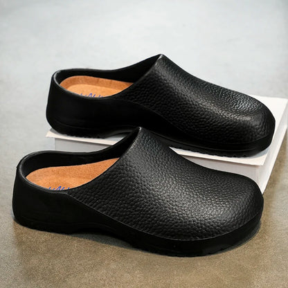 Black textured slip-on clogs with open back and molded footbed, non-slip outsole