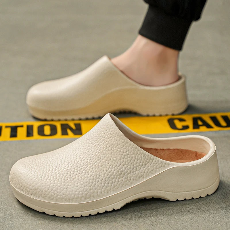 Light beige textured slip-on clog with open back and rubbery tread outsole