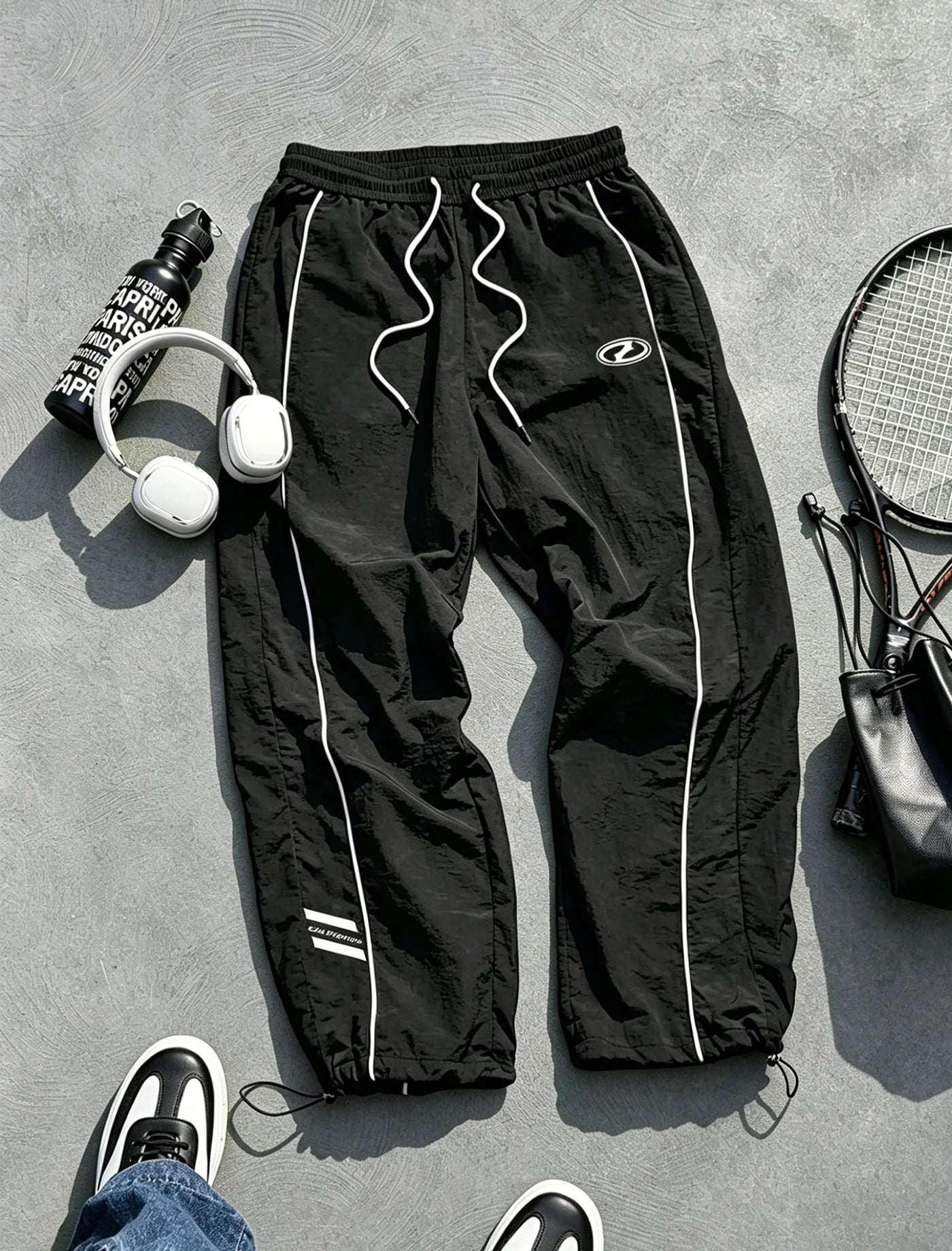 Men's quick-dry joggers, black with white side stripe and drawstring elastic waist