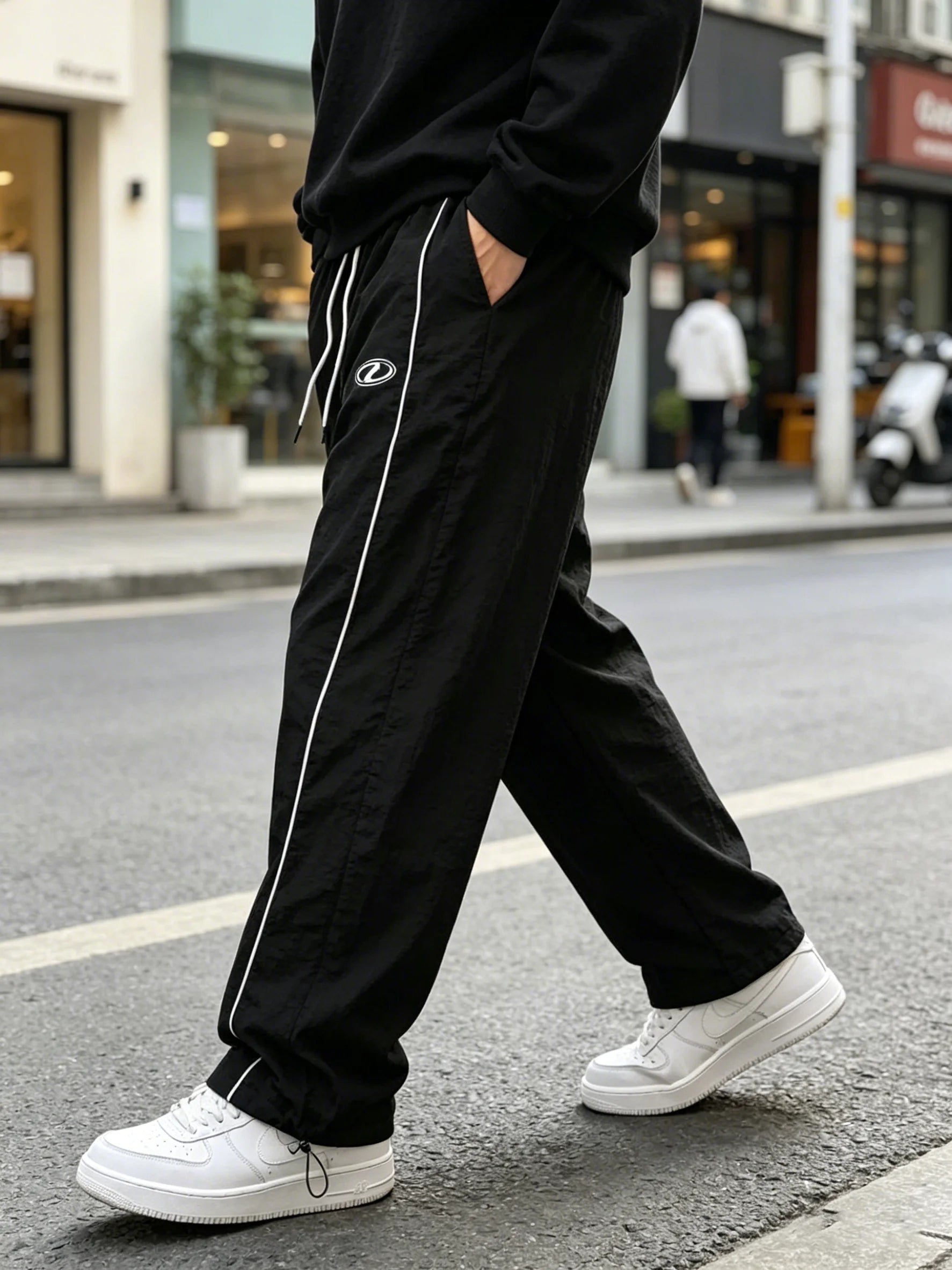 Men's quick-dry joggers, black with white side stripe and ankle cinch draw cords