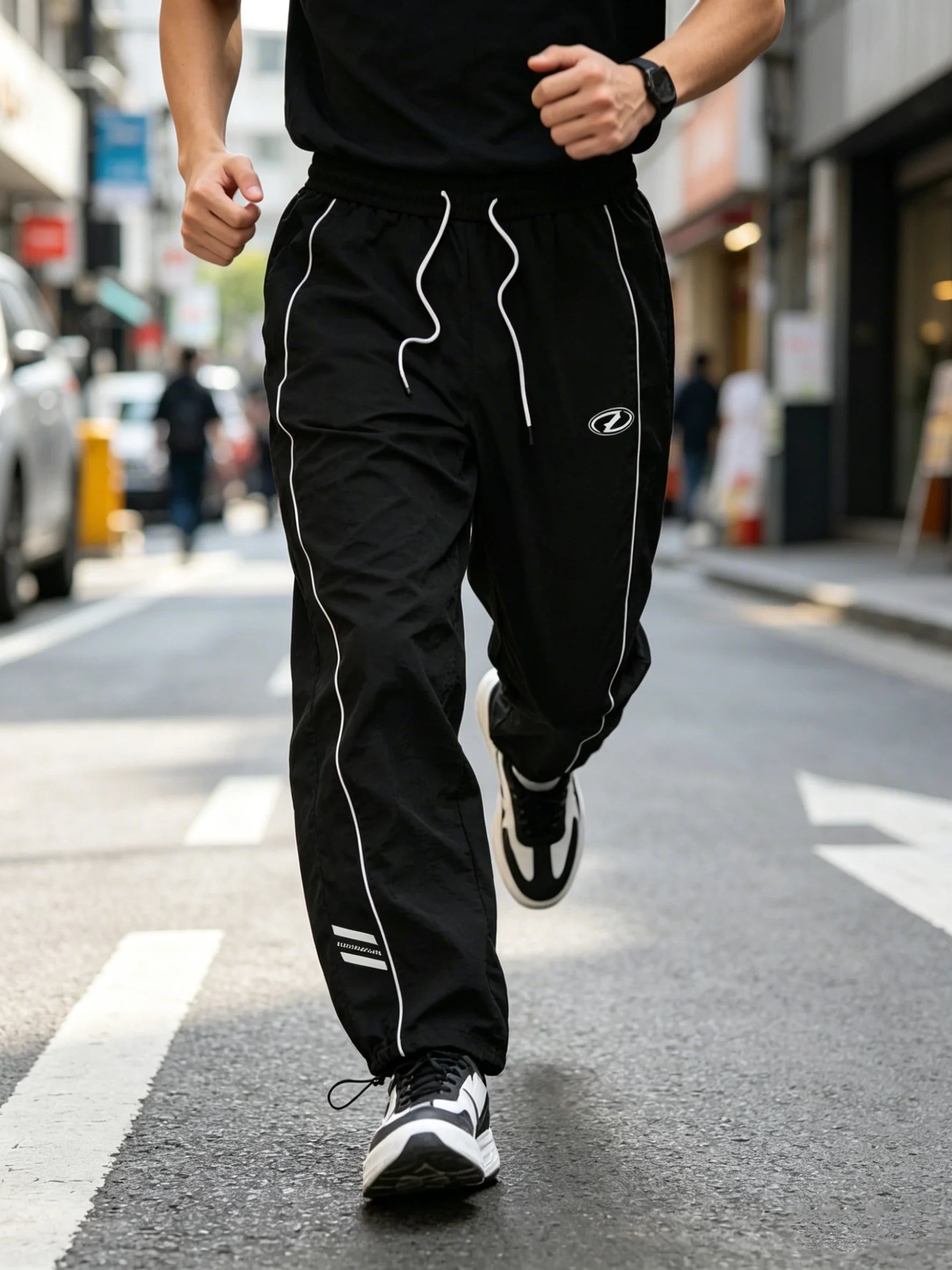 Men's quick-dry joggers, black with white piping stripes and drawstring elastic waist