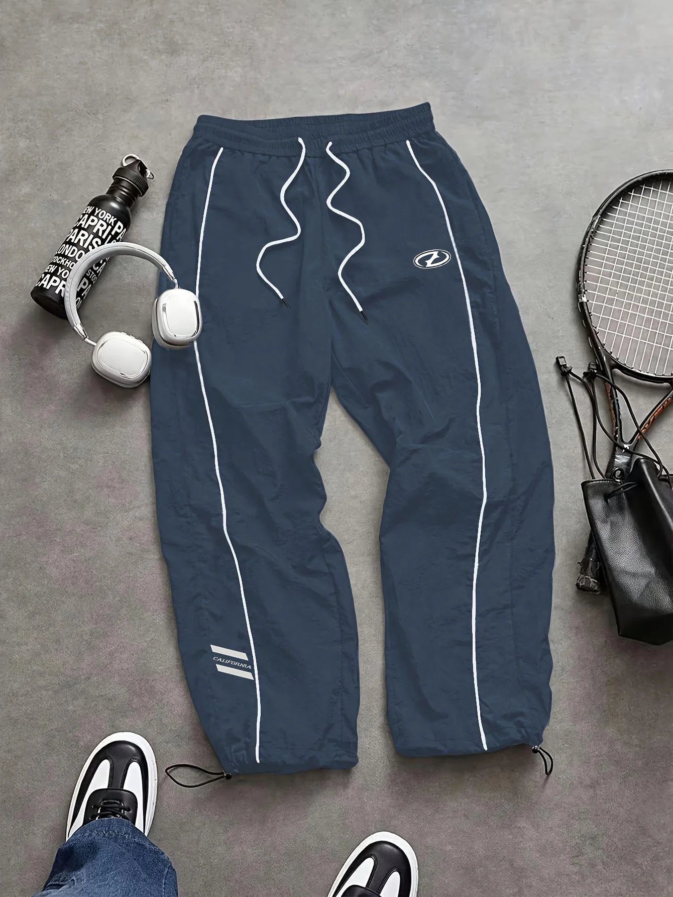 Men's quick-dry joggers, blue with white side stripe and drawstring elastic waist