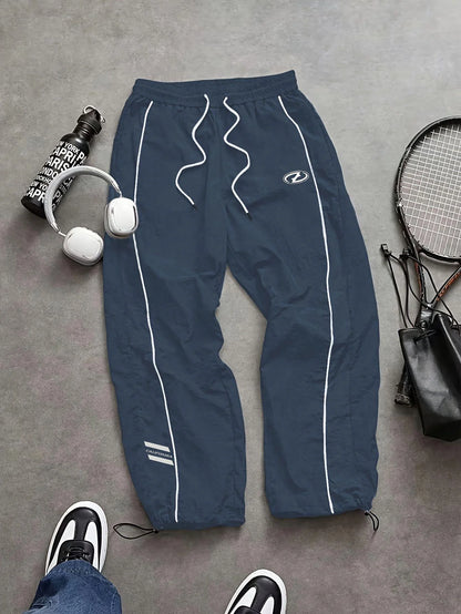 Men's quick-dry joggers, blue with white side stripe and drawstring elastic waist