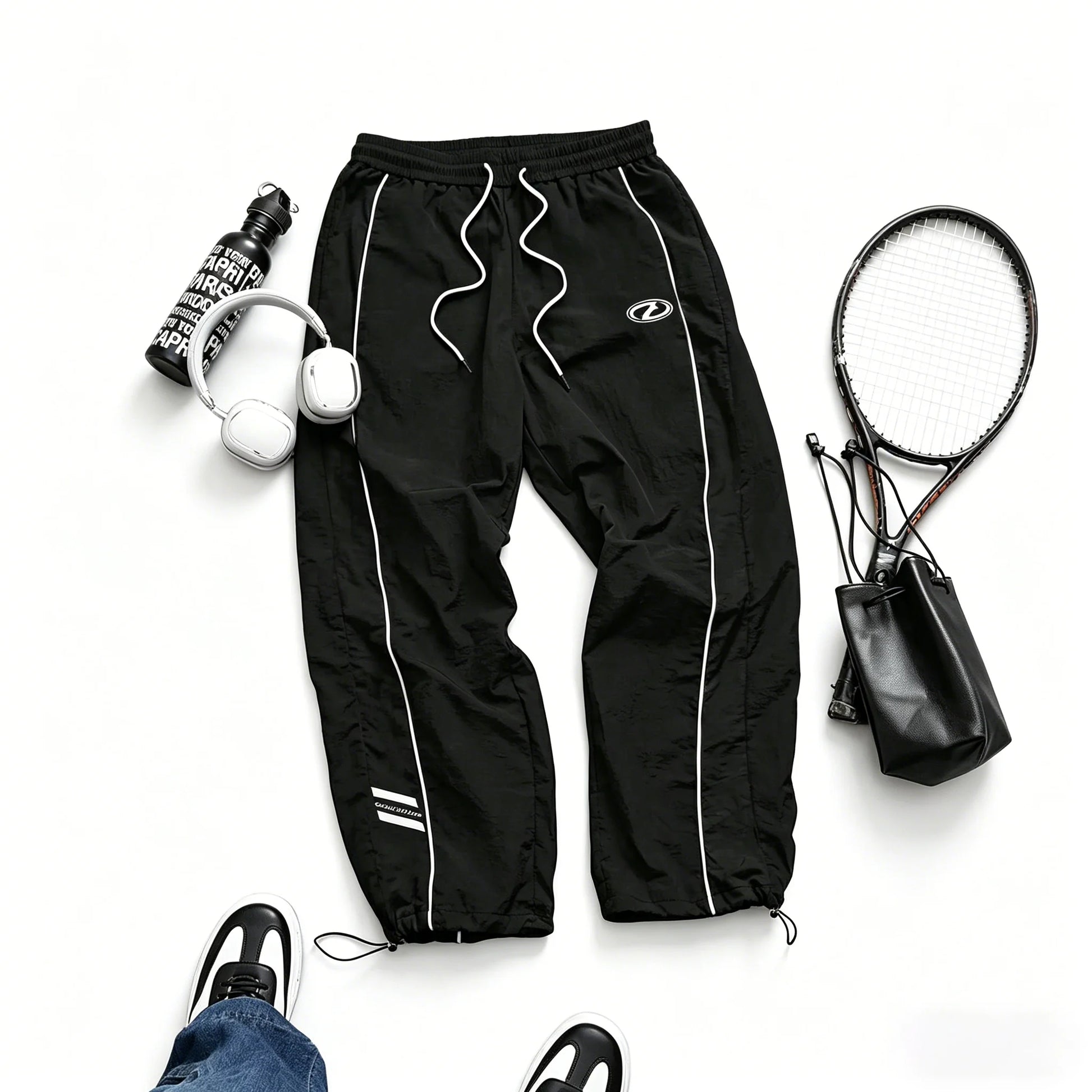 Men's quick-dry joggers, black with white side stripe and ankle drawstring cinch