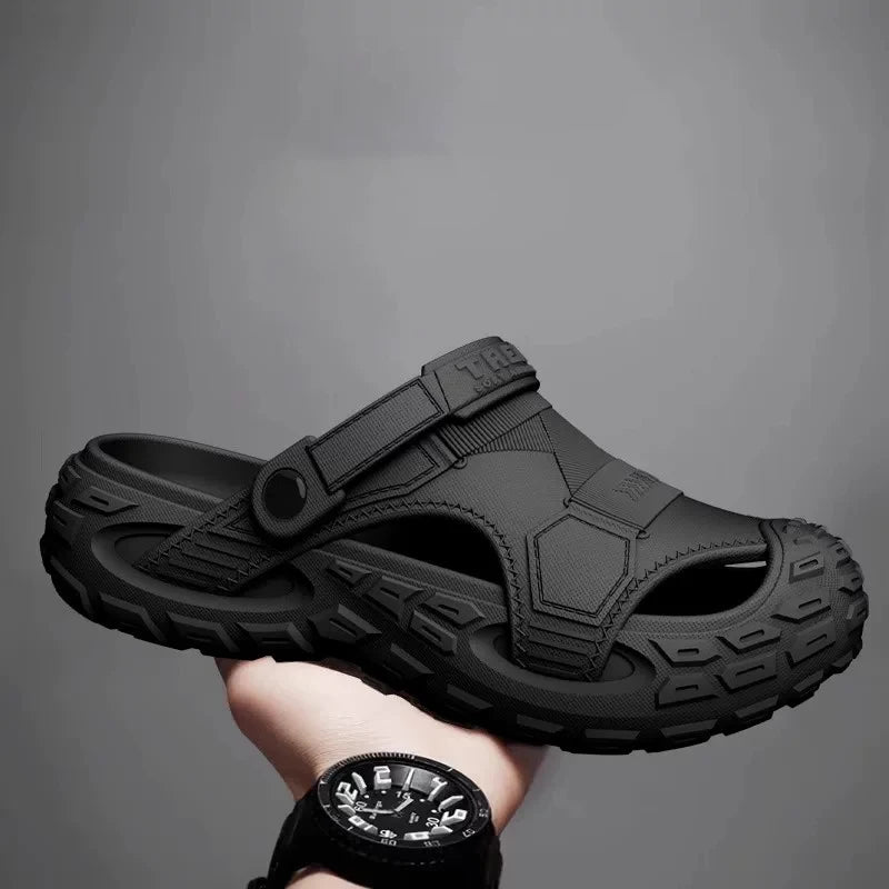 Men's summer clog sandals in dark gray/black with adjustable strap and open toe holes