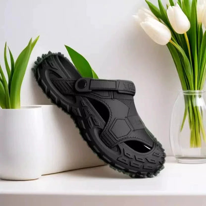 Men's summer clog sandals in black with adjustable strap, hex panels, and open toe design