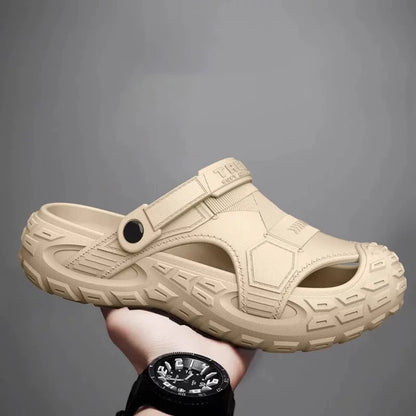 Men's summer clog sandals in light khaki with adjustable strap and rugged outsole