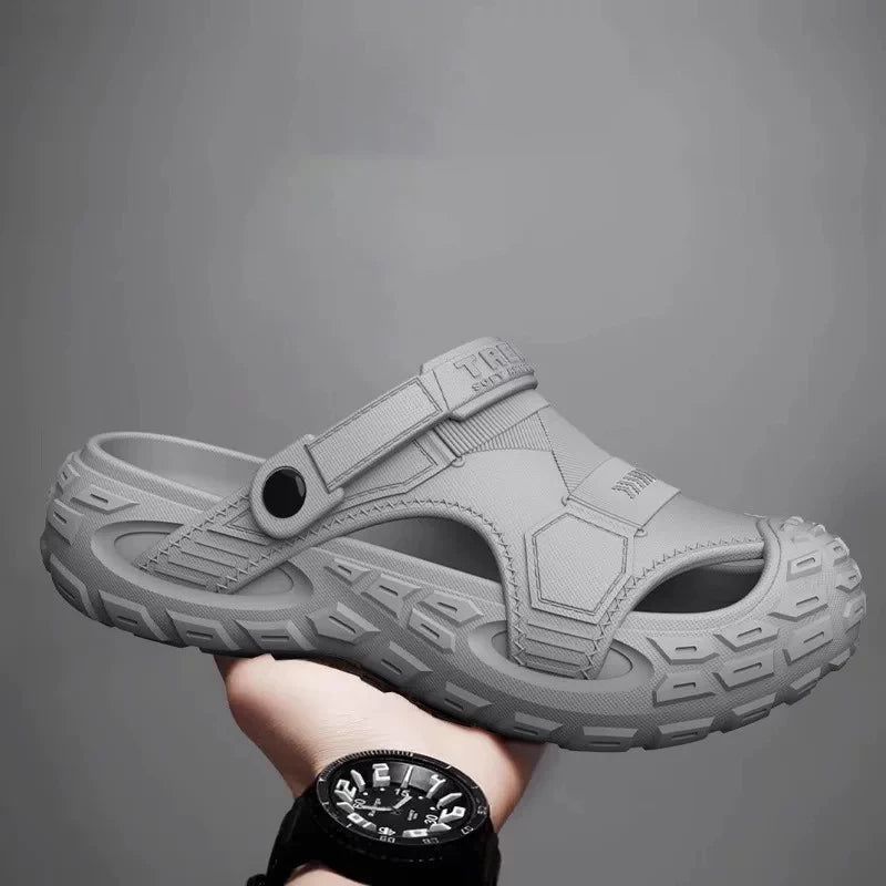 Men's summer clog sandals in pale gray with adjustable strap and vented side openings