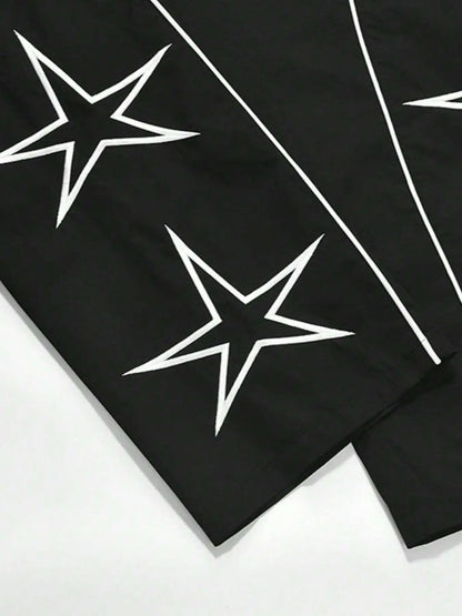 Black quick-dry trousers fabric with white star motifs and thin stripe lines.