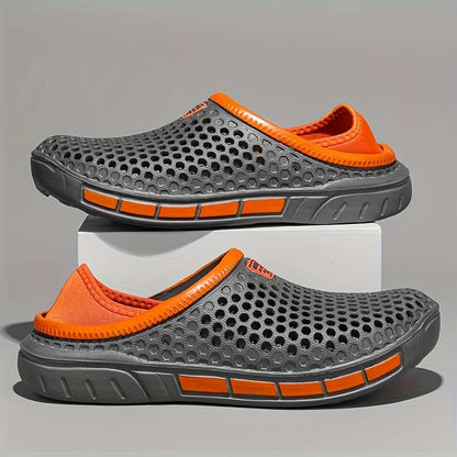 Geometric beach clogs, dark gray with orange accents, slip-on perforated upper