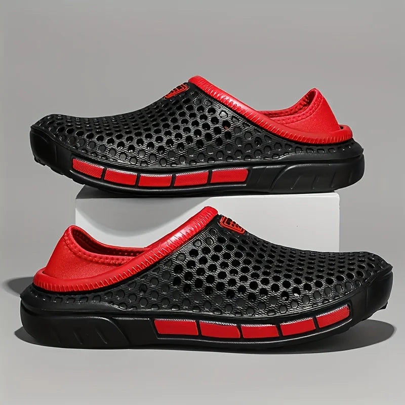 Geometric beach clogs, black with red trim, slip-on perforated design