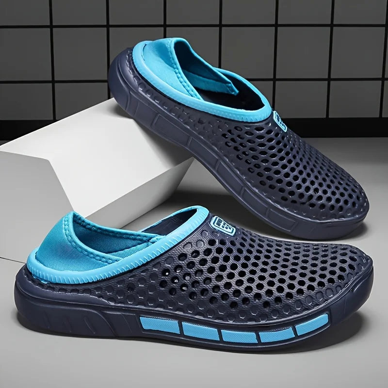 Geometric beach clogs, navy with light blue accents, slip-on perforated upper