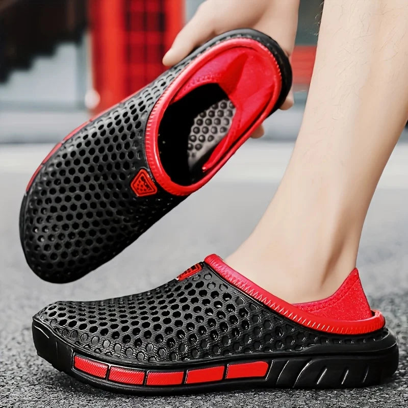 Geometric beach clogs, black with red trim, slip-on perforated upper