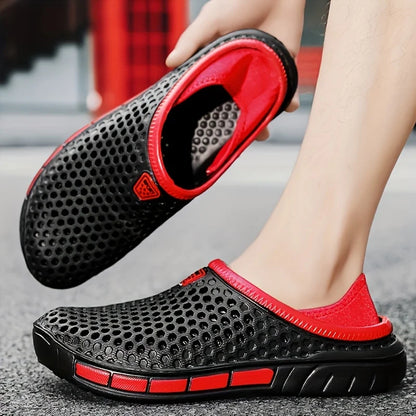 Geometric beach clogs, black with red trim, slip-on perforated upper
