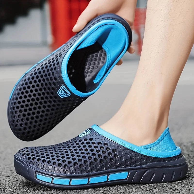 Geometric beach clogs, dark navy with light blue trim, slip-on perforated design