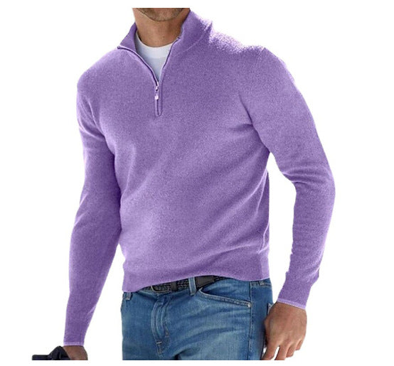 Purple half-zip pullover sweater with stand collar and long sleeves