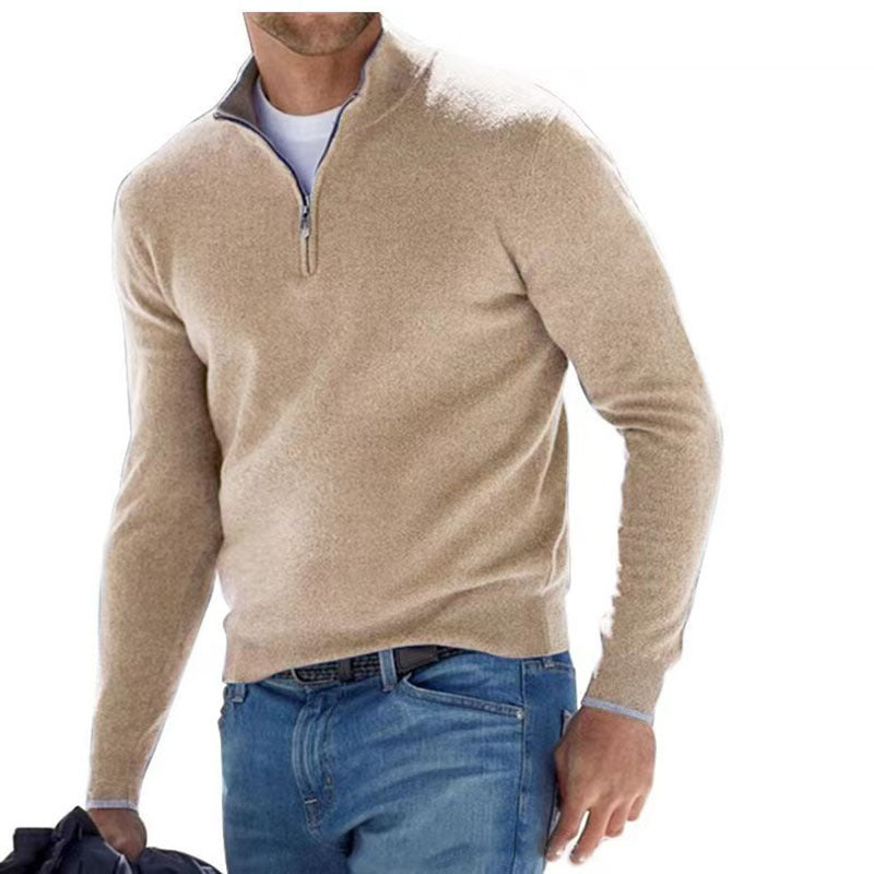 Light brown half-zip pullover sweater with quarter zip and long sleeves