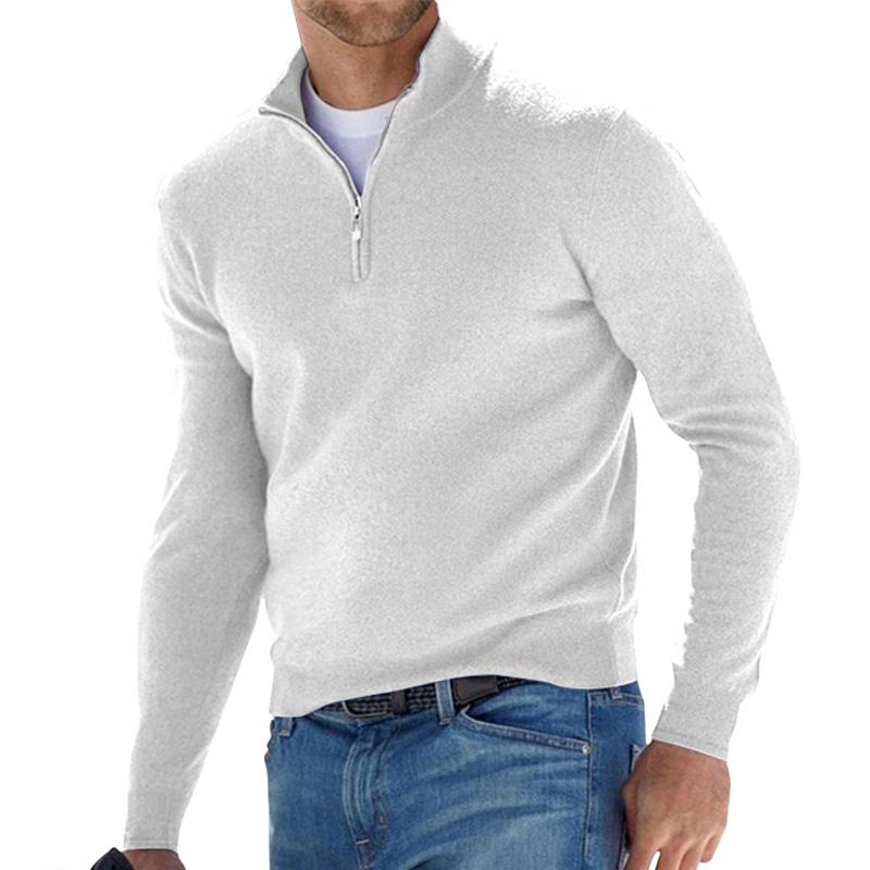 White half-zip pullover sweater with a slim collar and chest zipper.