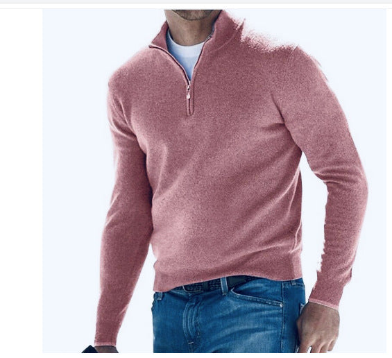 Dusty mauve half-zip pullover sweater with a short collar and chest zipper.