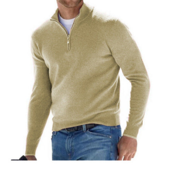 Beige half-zip pullover sweater with stand collar and long sleeves